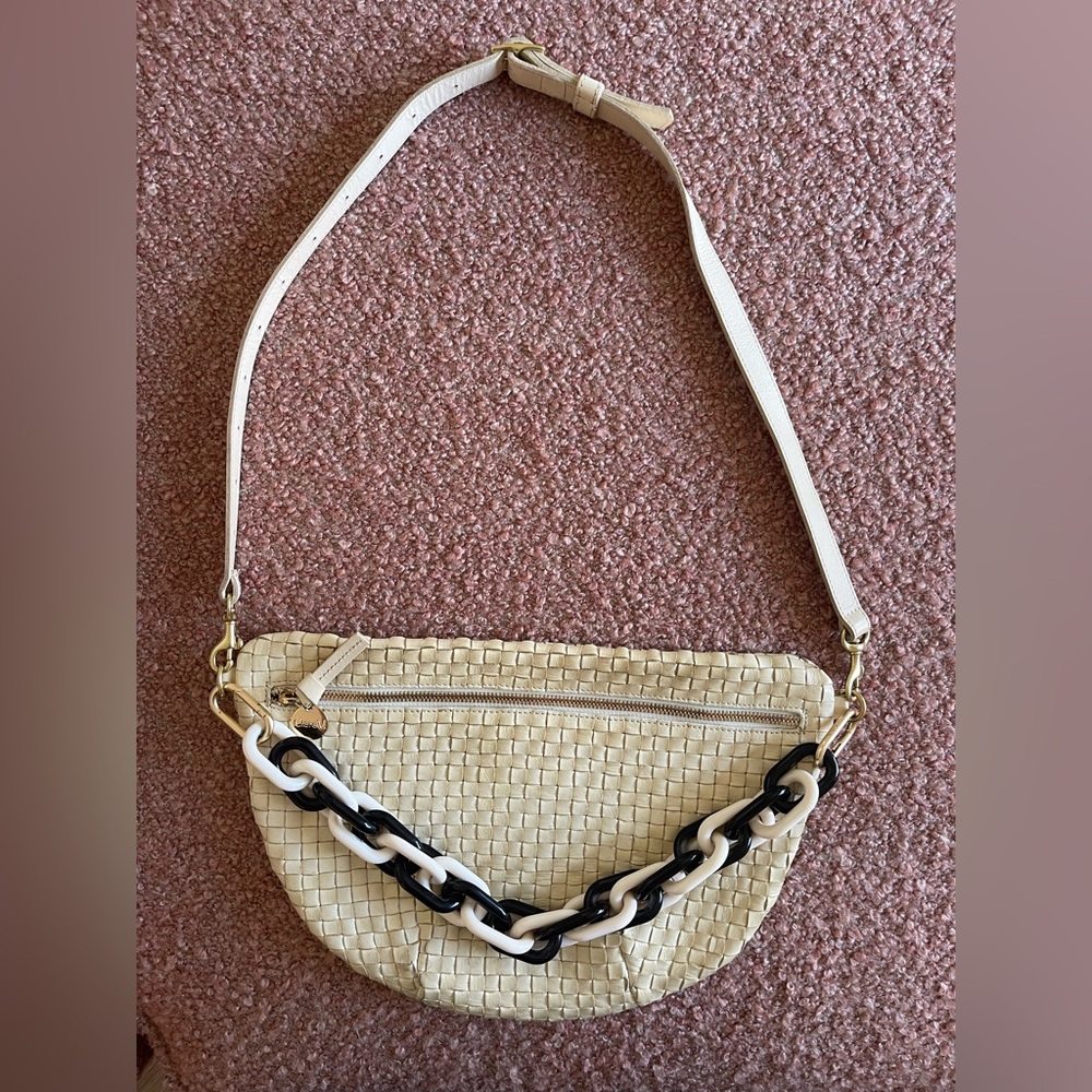 Clare V Grand Fanny Leather Cream Checker with Shortie Strap